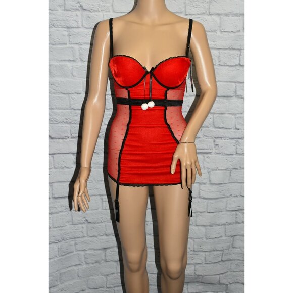 NWT CARRIE AMBER S RED SWISS DOT POM POM CHRISTMAS HOLIDAY LINGERIE CORSET TEDDY - Picture 5 of 11